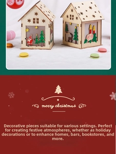 Close-up of laser-cut wooden Christmas house ornaments with warm LED lighting and deer motifs