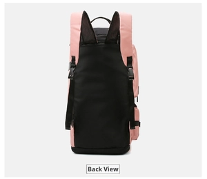 Detail view of pink and black travel backpack with padded straps and side buckles