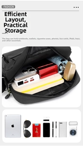 Internal capacity of black oxford crossbody bag showing storage for iPad and camera