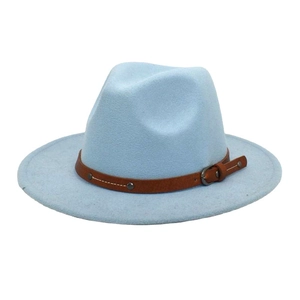Detail of light blue fedora hat with brown leather strap and silver rivet studs
