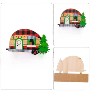 Detailed views of a wooden Christmas RV ornament with Happy Holidays text and green tree