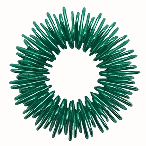 Macro detail of a green spring metal finger massage ring with a glossy finish