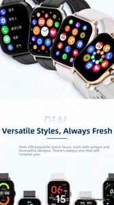 Detail of multi-functional smartwatch showing 200+ dial faces and interface features