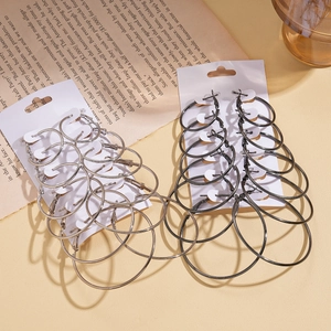 6-piece set of geometric round hoop earrings in silver and black metal finishes