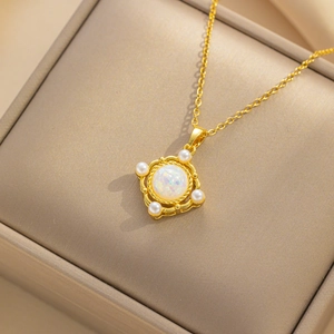 Elegant gold titanium steel necklace with square vintage opal and pearl pendant in box