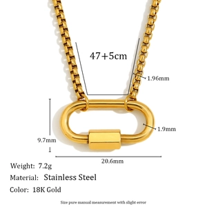 Detail of 18K gold-plated stainless steel oval clasp necklace with size measurements