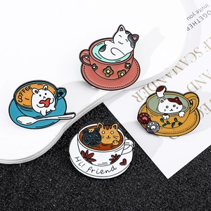 Set of four cute enamel cat and rabbit coffee cup pins with vibrant colorful finish