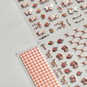 5D embossed nail stickers featuring cute rabbits, strawberries, and vintage roses designs