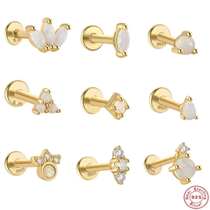 925 Sterling Silver Opal Zirconia Stud Earrings Gold Silver Plated Geometric Flat Head Piercing Ear Bone Jewelry For Women