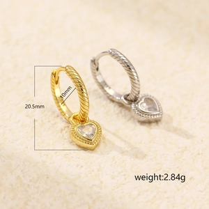 S925 silver heart hoop earrings with cubic zirconia and twisted rope texture detailing
