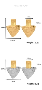 Detail view showing dimensions of hammered metal geometric earrings in gold and silver