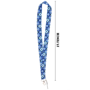 Blue Evil Eye Nazar pattern lanyard with metal swivel hook and 17.7-inch length mark