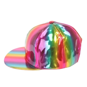 Macro detail of rainbow gradient metallic PU leather and stitching on baseball cap