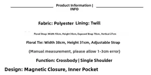 Detailed size guide for floral tote bag including polyester material and strap dimensions