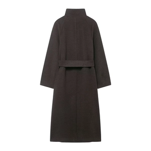 Back view of a long dark brown wool coat featuring a stand collar and matching waist belt