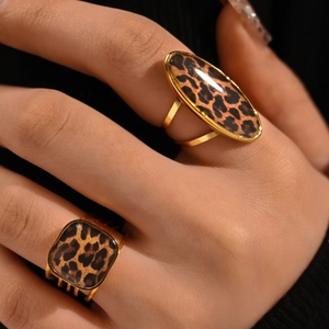 Chic 18K gold plated stainless steel rings with leopard print enamel in oval and square shapes