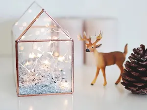 House-shaped glass lantern with warm white LED wire lights and rose gold frame