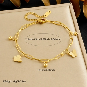 Detail of gold butterfly charm bracelet with dimensions and adjustable chain length