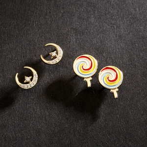 Sweet 18K gold plated moon star and lollipop stud earrings set with colorful zircon