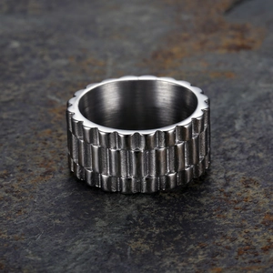 Polished stainless steel men's ring with link chain watch band style texture