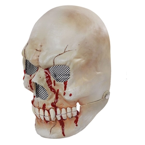 Macro detail of skull mask with realistic blood splatters and black mesh eye protection