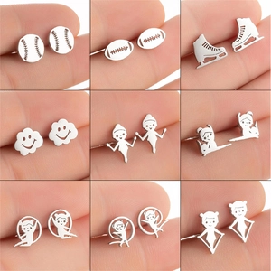 Stainless Steel Stud Earrings Minimalist Sports Baseball Rugby Ice Skates Gymnastics Girl Figure Cloud Jewelry For Women