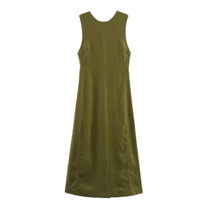 Olive green sleeveless linen midi dress displayed flat on a neutral gray background