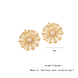 Detail shot of heart-shaped stainless steel earrings with imitation pearl and dimensions