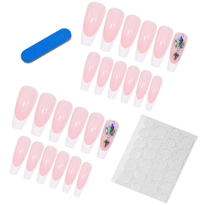 French tip press-on nails in pink with coffin shape and colorful rhinestone accents