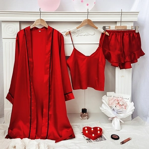 Women Satin Pajama Robe Cami Top And Ruffle Shorts V Neck Sleepwear Satin Like Comfortable Homewear Casual