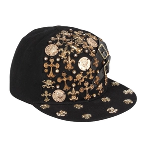 Black gothic punk flat brim hip hop hat with gold skull and cross metal charms