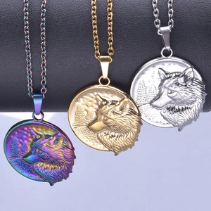 Viking wolf head pendant necklace in gold, silver, and rainbow steel finishes