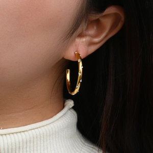 Close-up of 18K gold plated hoop earring with white cubic zirconia on model ear
