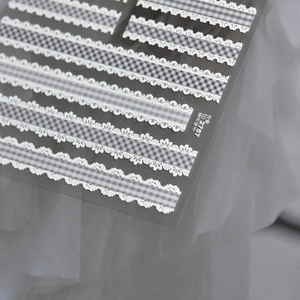 Detailed macro view of 3D embossed lace and plaid nail art stickers model to 2757