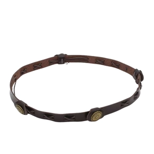 Detailed view of dark brown leather hat band with cross-stitching and gold stud accents