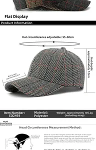 Größentabelle für karierte Baseballkappe mit 55-60cm verstellbarem Kopfumfang Details