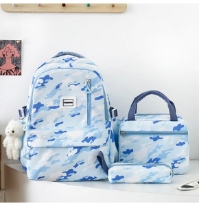 Blue camouflage 3-piece set including school backpack, lunch bag, and pencil case