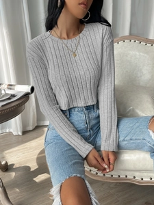 Minimalist grey ribbed knit long sleeve crop top tee for women in causal daily style