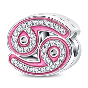 Detailed view of silver Cancer zodiac charm with pink enamel and sparkling zircon stones