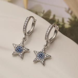 European Style Copper Gold Plated Zirconia Evil Eye Pentagram Drop Earrings For Women Light Luxury Star Jewelry