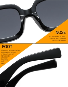 Detail of square black sunglasses showing ergonomic nose pads and comfortable temple tips