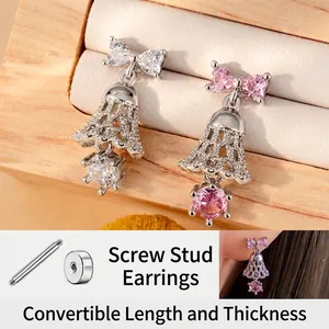 Bowknot Bell Pendant Zircon Earrings Stainless Steel Copper Screw Back Cartilage Studs Novelty For Women