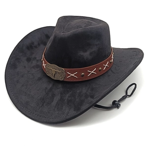 Classic black suede western cowboy hat with a brown leather belt and metallic bull buckle