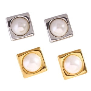 Square gold and silver metal earrings with round pearl inlays on a white background