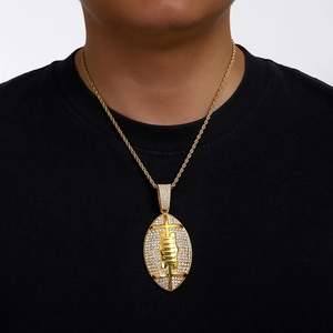 Men's gold rugby pendant necklace with number 100 on twisted rope chain with rhinestones