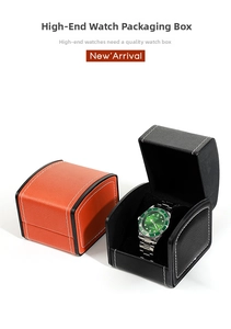 Detail of single watch gift boxes in orange and black PU leather with contrast stitching