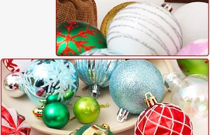 Close-up of assorted 6cm Christmas balls with glitter, matte, and snowflake patterns