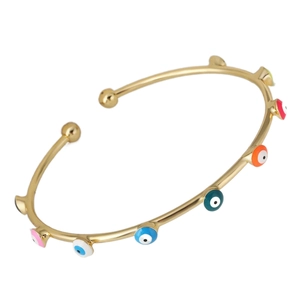 Gold open bangle featuring colorful evil eye beads in enamel for fashion jewelry lovers