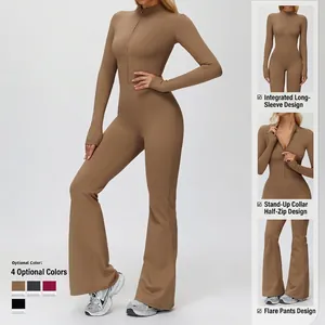 One-piece fleece-lined yoga bodysuit with stand collar and flared leg design