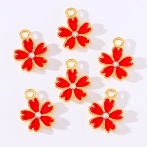 Set of six red enamel five-petal flower charms with crystal centers for jewelry making